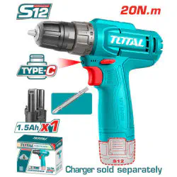 TOTAL 12V Cordless Drill Driver TDLI12456 – 20Nm Torque, 15+1 Settings, USB Type-C Charging, with 1.5Ah Battery & Cr-V Bit