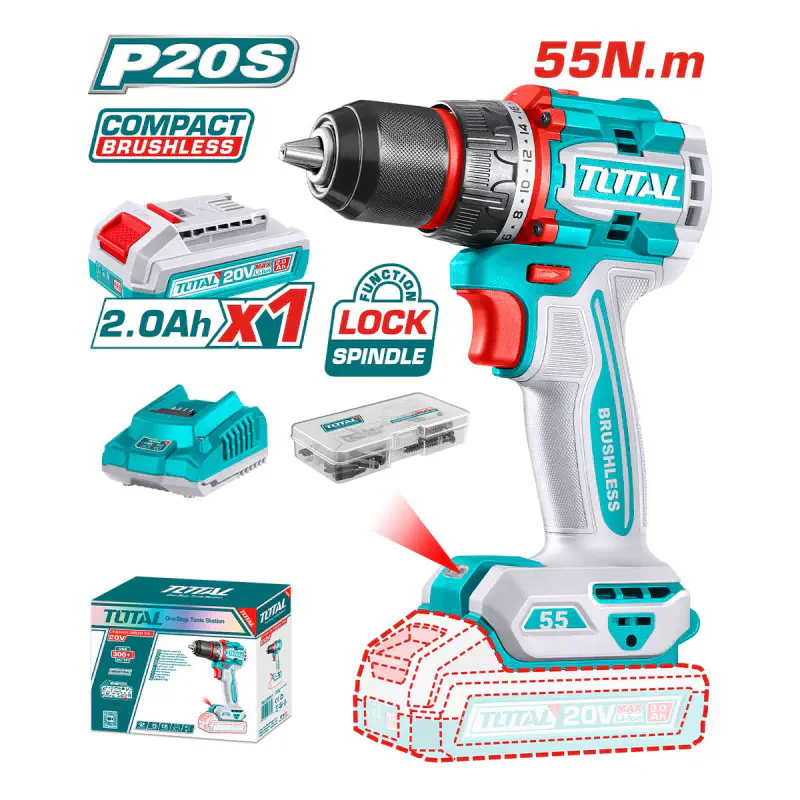 TOTAL Li-ion Drill TDLI205582 – 20V, 55Nm, 2-Speed, 22+1 Settings, 13mm Metal Chuck, with 2.0Ah Battery, Charger & 47 Pcs Accessories