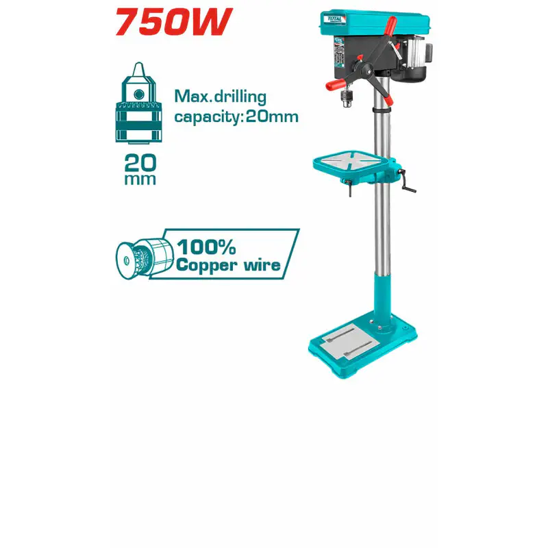 TOTAL Drill Press TDP207505 – 750W, 20mm Drilling Capacity, 16-Speed (210-3200 rpm), Floor Standing, 70mm Column & 270x270mm Table