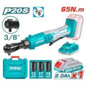 TOTAL Cordless Drive Ratchet TDRLI2060152 – 20V, 65Nm, 3/8" Square Drive, 250 rpm, with 2.0Ah Battery, Charger, 3 Sockets (13, 17, 19mm) & Carrying Case