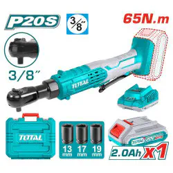 TOTAL Cordless Drive Ratchet TDRLI2060152 – 20V, 65Nm, 3/8" Square Drive, 250 rpm, with 2.0Ah Battery, Charger, 3 Sockets (13, 17, 19mm) & Carrying Case