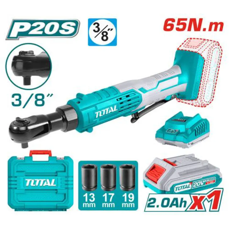 TOTAL Cordless Drive Ratchet TDRLI2060152 – 20V, 65Nm, 3/8" Square Drive, 250 rpm, with 2.0Ah Battery, Charger, 3 Sockets (13, 17, 19mm) & Carrying Case