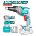 TOTAL Cordless Drywall Screwdriver TDSLI204281 – 20V Brushless, 0-4200 RPM, 1/4" Hex, Adjustable Depth Control, with 2.0Ah Battery, Charger, 5 Bits & Carrying Case