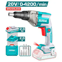 TOTAL Cordless Drywall Screwdriver TDSLI204281 – 20V Brushless, 0-4200 RPM, 1/4" Hex, Adjustable Depth Control, with 2.0Ah Battery, Charger, 5 Bits & Carrying Case