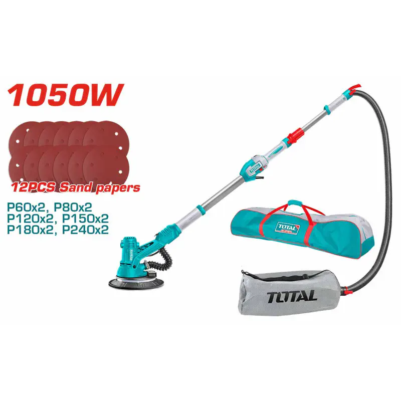 TOTAL Drywall Sander 1050W, 1000-2900 rpm Variable Speed, 215mm Pad (225mm Paper), Integrated Work Light, with Dust Collection Kit & 12 Sandpapers TDWS105016