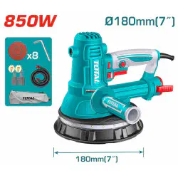 TOTAL Drywall Sander 850W, 1000-2900 rpm Variable Speed, 180mm Pad, Integrated LED Light, with Dust Collection Kit & 8 Sandpapers TDWS10508