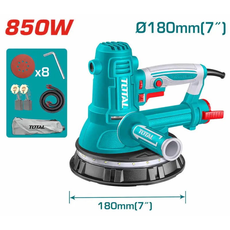 TOTAL Drywall Sander 850W, 1000-2900 rpm Variable Speed, 180mm Pad, Integrated LED Light, with Dust Collection Kit & 8 Sandpapers TDWS10508
