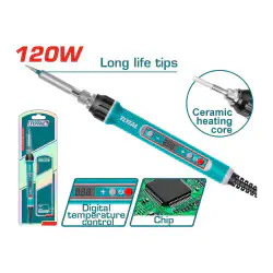 TOTAL Electric Soldering Iron 120W, 70-Second Preheat, Digital Temperature Display, Ceramic Heating Element, with Stand & Protective Cap TET01610