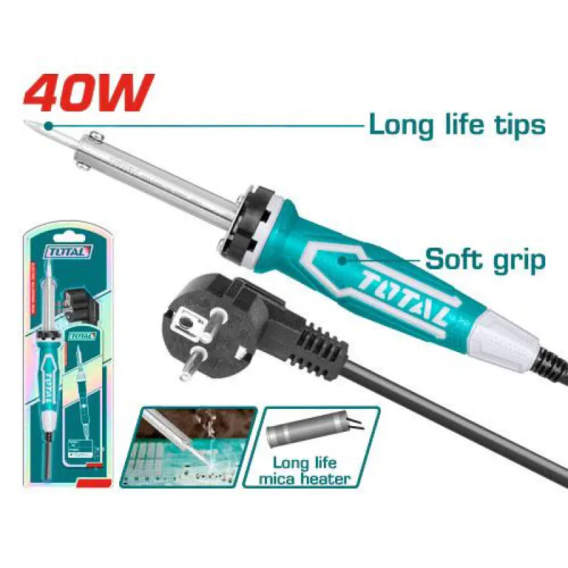 TOTAL Electric Soldering Iron Series – 40W (TET1406), 60W (TET1606) & 70W (TET01606) Models, Straight Tip, Replaceable Tip