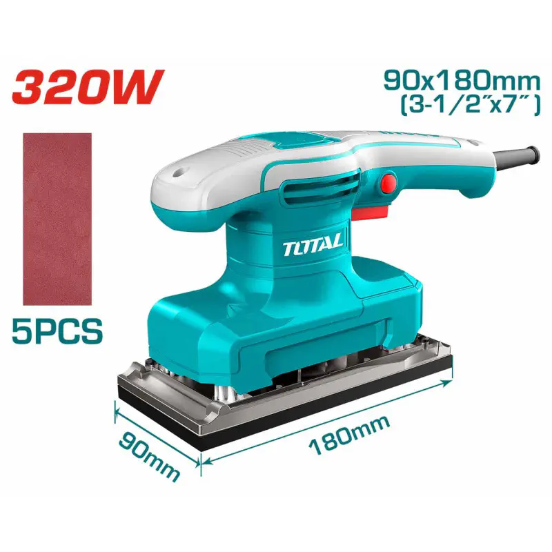 TOTAL Finishing Sander 320W, 14,000 rpm, 90x180mm Aluminum Base, with 5 Sandpapers & Extra Carbon Brushes TF1301836