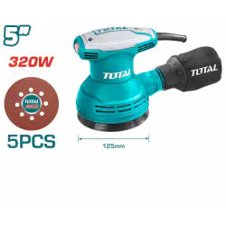 TOTAL Orbital Sander 320W, 12,000 rpm, 125mm (5") Pad, Velcro Base, with Dust Bag, 5 Sandpapers & Extra Carbon Brushes TF2031256