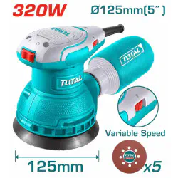 TOTAL Rotary Sander 320W, 8000-13000 rpm Variable Speed, 125mm (5") Velcro Pad, with 5 Sandpapers, Dust Collector & Extra Carbon Brushes TF2131256