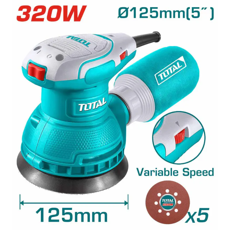 TOTAL Rotary Sander 320W, 8000-13000 rpm Variable Speed, 125mm (5") Velcro Pad, with 5 Sandpapers, Dust Collector & Extra Carbon Brushes TF2131256