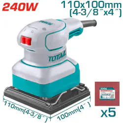 TOTAL Palm Sander 240W, 14000 rpm, 110x100mm Base, with 5 Sanding Sheets & Extra Carbon Brushes TF2241108