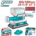 TOTAL Cordless Finishing Sander 20V Brushless, 13,000 rpm, 90x180mm Aluminum Base, with 4.0Ah Battery, Charger & 5 Sandpapers TFSLI20311