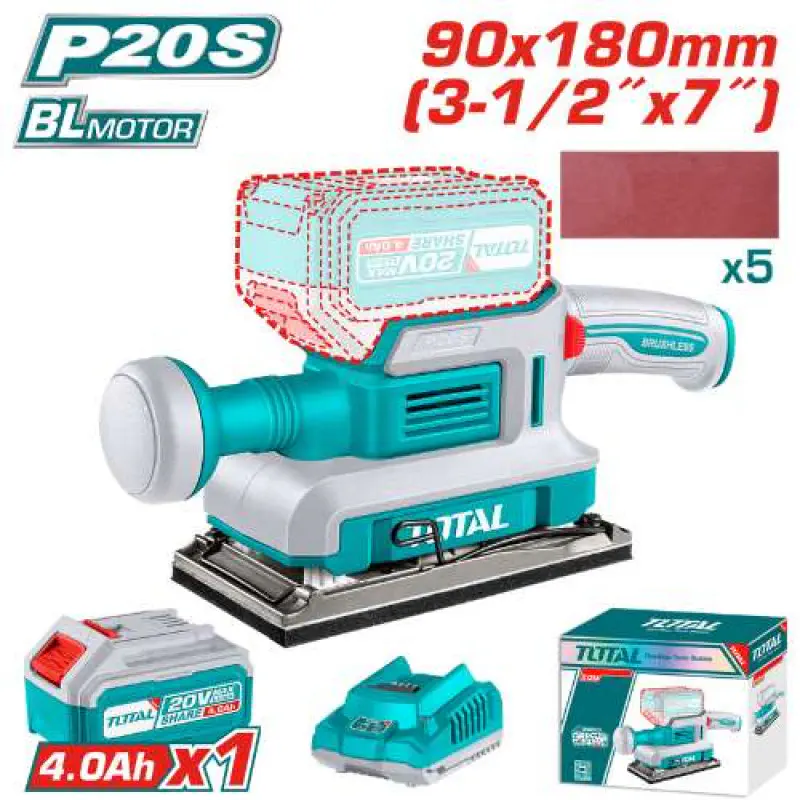 TOTAL Cordless Finishing Sander 20V Brushless, 13,000 rpm, 90x180mm Aluminum Base, with 4.0Ah Battery, Charger & 5 Sandpapers TFSLI20311