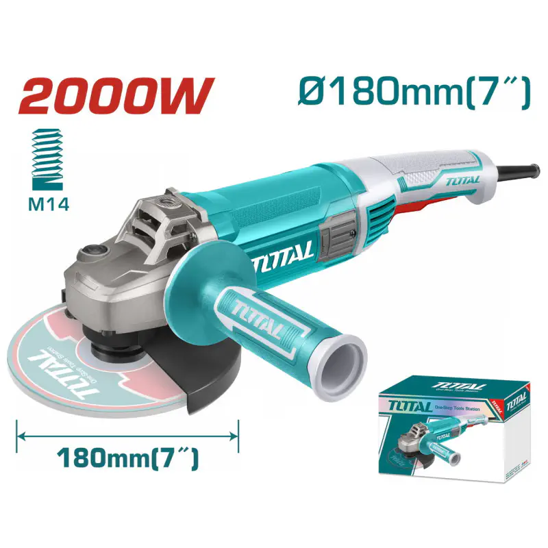 TOTAL Angle Grinder TG12018026 – 2000W, 8450 rpm, 180mm (7") Disc, M14 Spindle, Industrial Grade, with Auxiliary Handle