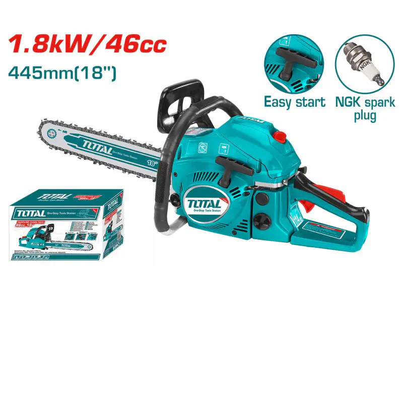 TOTAL Gasoline Chain Saw  46cc 2-Stroke, 1800W, 18" (445mm) Bar, Easy Start, NGK Spark Plug, 550ml Fuel Tank TG5451811