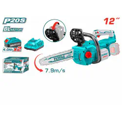 TOTAL Li-ion Chain Saw 20V Brushless, 12" (30cm) Bar, 7.9 m/s Chain Speed, Quick Chain Brake, with 2 x 4.0Ah Batteries & Charger TGSLI201286