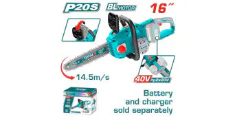 TOTAL Cordless Chain Saw TGSLI40168 – 40V (20V+20V), 16" (40cm) Bar, 14.5 m/s Chain Speed, Brushless Motor, Quick Chain Brake (Battery and Charger Not Included)