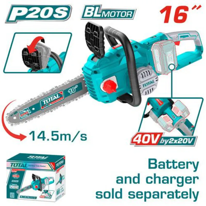 TOTAL Cordless Chain Saw TGSLI40168 – 40V (20V+20V), 16" (40cm) Bar, 14.5 m/s Chain Speed, Brushless Motor, Quick Chain Brake (Battery and Charger Not Included)