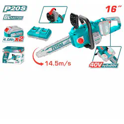 TOTAL Li-ion Chain Saw 40V (20V+20V) Brushless, 16" (40cm) Bar, 14.5 m/s Chain Speed, with 2 x 4.0Ah Batteries & Dual Port Charger TGSLI401682