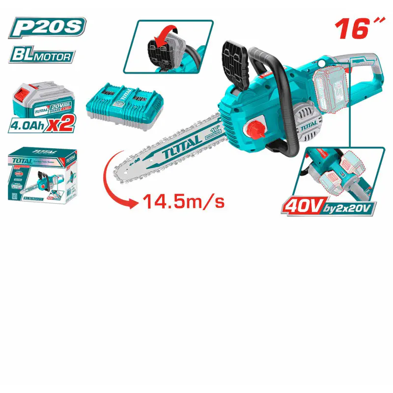 TOTAL Li-ion Chain Saw 40V (20V+20V) Brushless, 16" (40cm) Bar, 14.5 m/s Chain Speed, with 2 x 4.0Ah Batteries & Dual Port Charger TGSLI401682