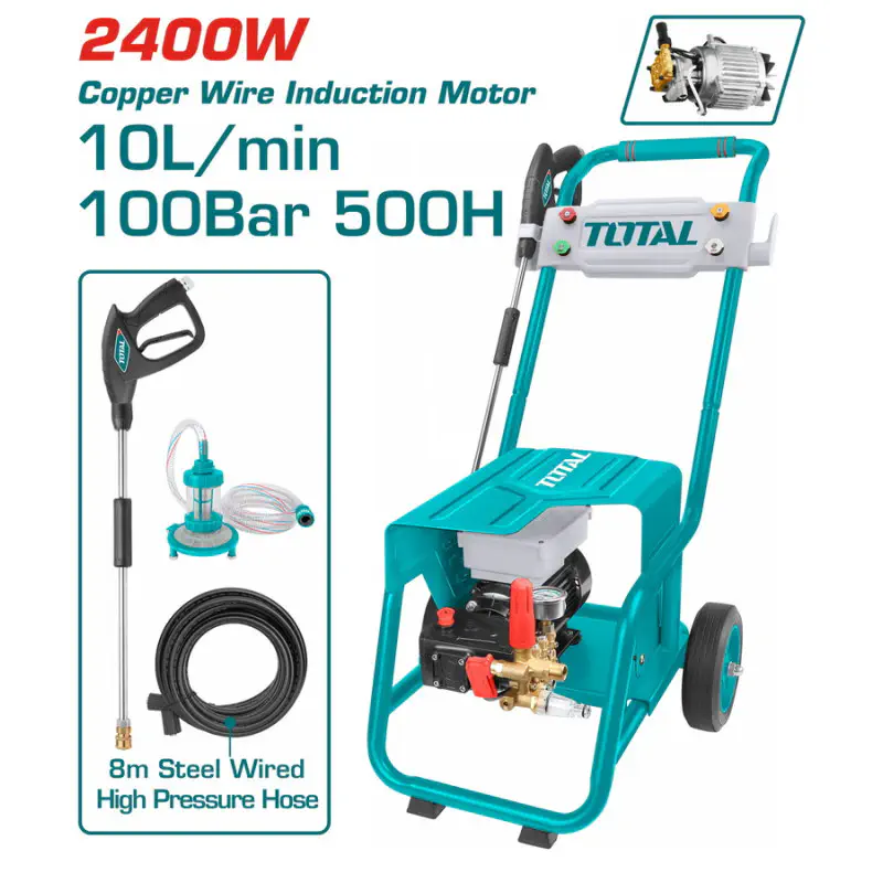 TOTAL High Pressure Washer TGT11176 – 2400W Copper Wire Induction Motor, 100 Bar (1450 PSI), 10 L/min, 8m Steel-Wired Hose, Suitable for Industrial/Commercial Use