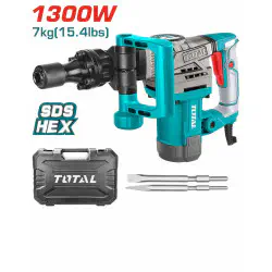 TOTAL Demolition Breaker TH2130016 – 1300W, 20J Impact Energy, 3800 BPM, HEX Chuck, Anti-Vibration System, with 2 Chisels & BMC Case