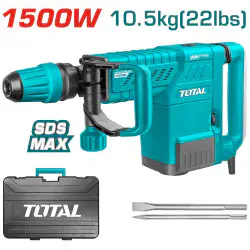 TOTAL Demolition Breaker TH215002 – 1500W, 6-25J Impact Force, SDS-Max Chuck, Anti-Vibration System, with 2 Chisels & BMC Case