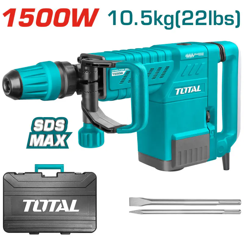 TOTAL Demolition Breaker TH215002 – 1500W, 6-25J Impact Force, SDS-Max Chuck, Anti-Vibration System, with 2 Chisels & BMC Case