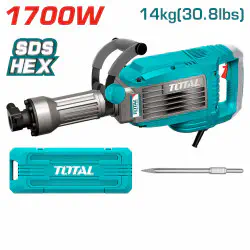 TOTAL Demolition Breaker TH217068 – 1700W, 50J Impact Force, 1900 BPM, HEX Chuck, 14kg Heavy-Duty, with 1 Chisel & Carrying Case
