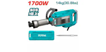 TOTAL Demolition Breaker TH217068 – 1700W, 50J Impact Force, 1900 BPM, HEX Chuck, 14kg Heavy-Duty, with 1 Chisel & Carrying Case
