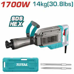 TOTAL Demolition Breaker TH217088 – 1700W, 60J Impact Force, 2000 BPM, HEX Chuck, Magnesium Alloy Body, 14kg, with 2 Chisels & Carrying Case