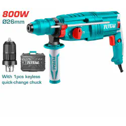 TOTAL Rotary Hammer TH308268-2 – 800W, 2.5J Impact Energy, SDS Plus Chuck, 26mm Concrete Capacity, with Keyless Chuck, 3 Drills & 2 Chisels