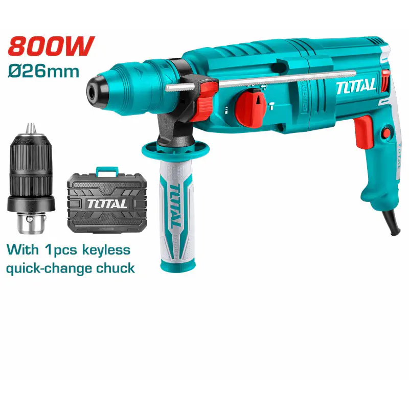 TOTAL Rotary Hammer TH308268-2 – 800W, 2.5J Impact Energy, SDS Plus Chuck, 26mm Concrete Capacity, with Keyless Chuck, 3 Drills & 2 Chisels