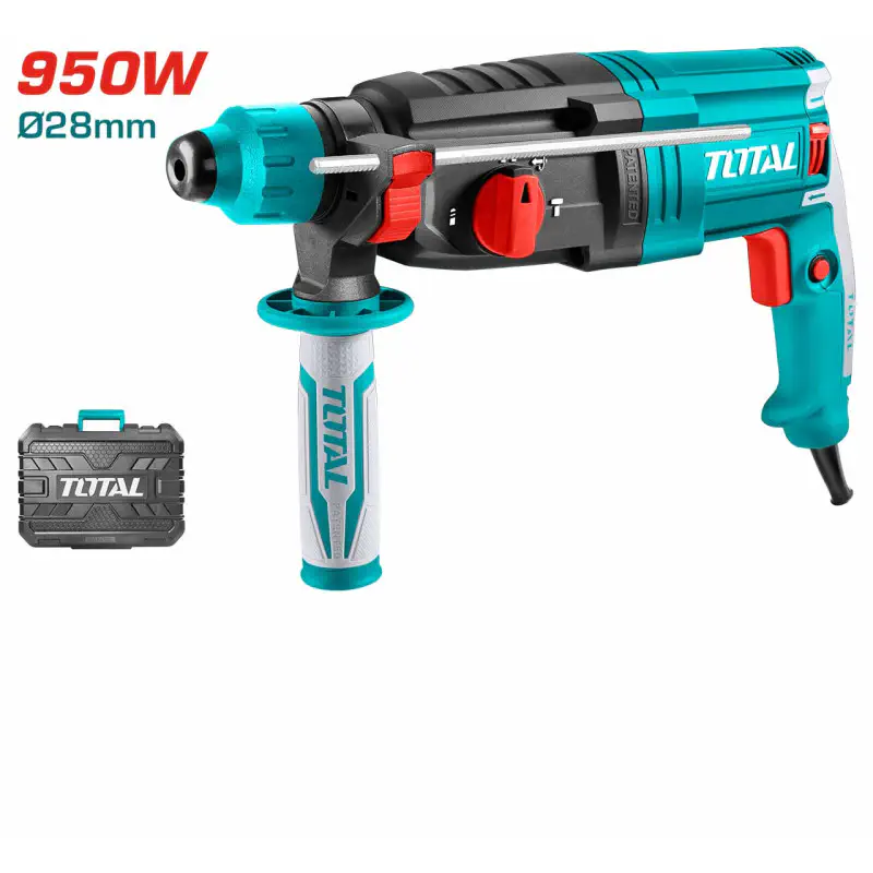 TOTAL Rotary Hammer TH309288 – 950W, 2.5J Impact Energy, SDS Plus Chuck, 28mm Concrete Capacity, with 3 Drills, 2 Chisels, Auxiliary Handle & BMC Case