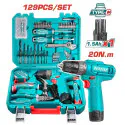 TOTAL 129 Pcs Tools Set THKTHP11292 – 12V Cordless Drill with 1.5Ah Battery, USB Type-C Charging, Hand Tools, Bits, Screws & Plugs in Carrying Case