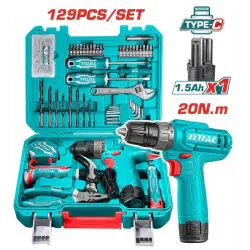 TOTAL 129 Pcs Tools Set THKTHP11292 – 12V Cordless Drill with 1.5Ah Battery, USB Type-C Charging, Hand Tools, Bits, Screws & Plugs in Carrying Case