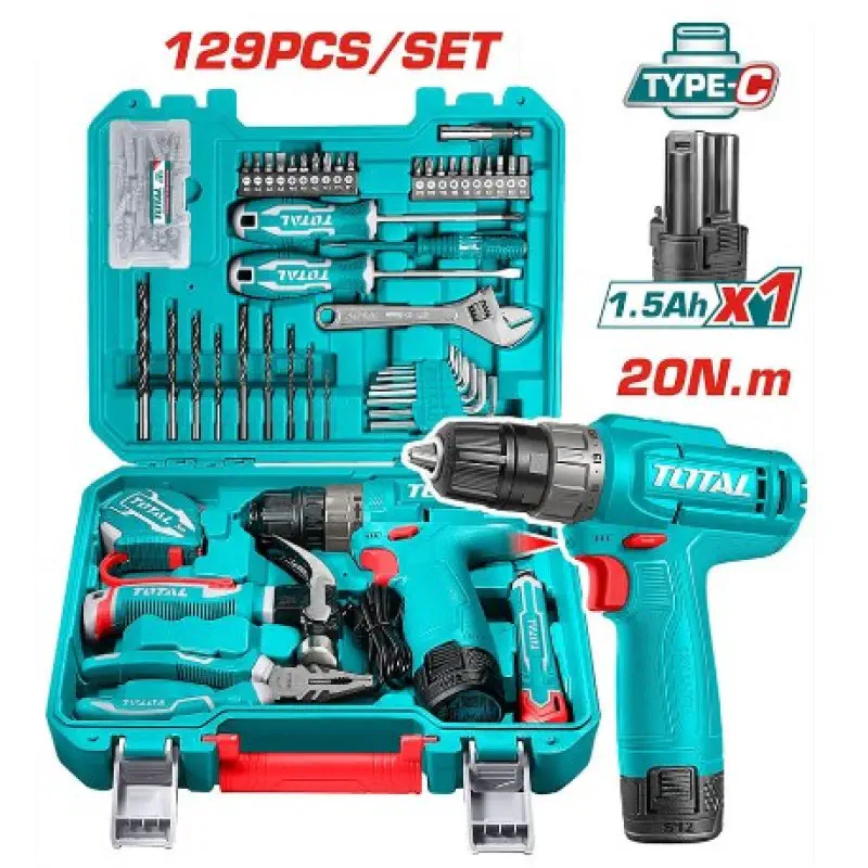 TOTAL 129 Pcs Tools Set THKTHP11292 – 12V Cordless Drill with 1.5Ah Battery, USB Type-C Charging, Hand Tools, Bits, Screws & Plugs in Carrying Case