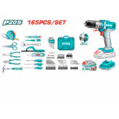 TOTAL 165 Pcs Tools Set THKTHP11652 – 20V Cordless Impact Drill, Hand Tools, Drill Bits, Screwdriver Bits, Sockets, Screws & Plugs in Carrying Suitcase