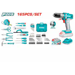 TOTAL 165 Pcs Tools Set THKTHP11652 – 20V Cordless Impact Drill, Hand Tools, Drill Bits, Screwdriver Bits, Sockets, Screws & Plugs in Carrying Suitcase