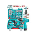 TOTAL 148 Pcs Tools Set THKTHP41487 – 12V Cordless Drill, Hand Tools, Drill Bits, Screwdriver Bits, Sockets, Screws & Plugs in Hard Carry Case