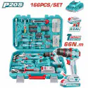 TOTAL 166 Pcs Tools Set THKTHP41667 – 20V Cordless Impact Drill, Hand Tools, Drill Bits, Screwdriver Bits, Sockets, Screws & Plugs in Carrying Case