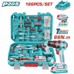 TOTAL 166 Pcs Tools Set THKTHP41667 – 20V Cordless Impact Drill, Hand Tools, Drill Bits, Screwdriver Bits, Sockets, Screws & Plugs in Carrying Case