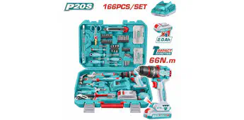 TOTAL 166 Pcs Tools Set THKTHP41667 – 20V Cordless Impact Drill, Hand Tools, Drill Bits, Screwdriver Bits, Sockets, Screws & Plugs in Carrying Case