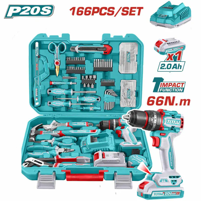 TOTAL 166 Pcs Tools Set THKTHP41667 – 20V Cordless Impact Drill, Hand Tools, Drill Bits, Screwdriver Bits, Sockets, Screws & Plugs in Carrying Case