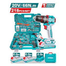 TOTAL 218 Pcs Tool Set THKTHP42187 – 20V Cordless Impact Drill (66Nm), 218 Pcs Hand Tools, Sockets, Spanners, Bits, Screws & Plugs in Tool Box
