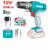 TOTAL Li-ion Cordless Impact Drill TIDLI1228 – 12V, 25Nm, 2-Speed, 22500 BPM, 18+1+1 Settings, with 2 x 1.5Ah Batteries, Charger, 3 Masonry Bits & Cr-V Bit
