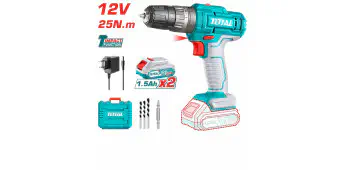 TOTAL Li-ion Cordless Impact Drill TIDLI1228 – 12V, 25Nm, 2-Speed, 22500 BPM, 18+1+1 Settings, with 2 x 1.5Ah Batteries, Charger, 3 Masonry Bits & Cr-V Bit